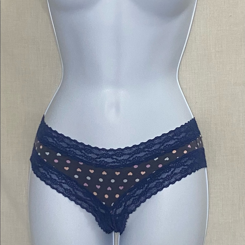 Victoria’s Secret Black With Hearts And Navy Blue Lacey Trim Cheeky Panties
